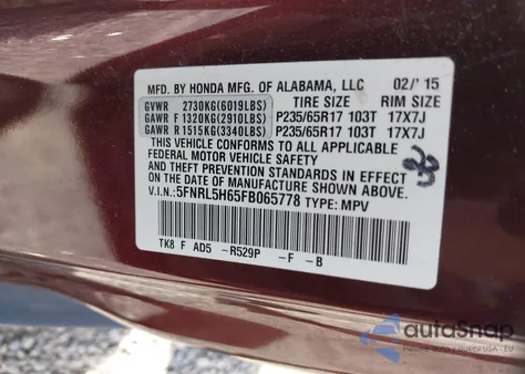 2015 Honda Odyssey Ex-L from USA, damaged, VIN 5FNRL5H65FB065778